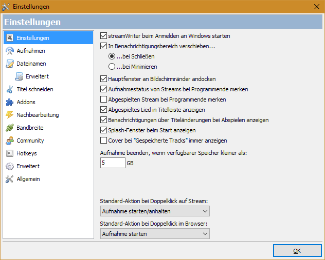 Streamwriter: Einstellungen