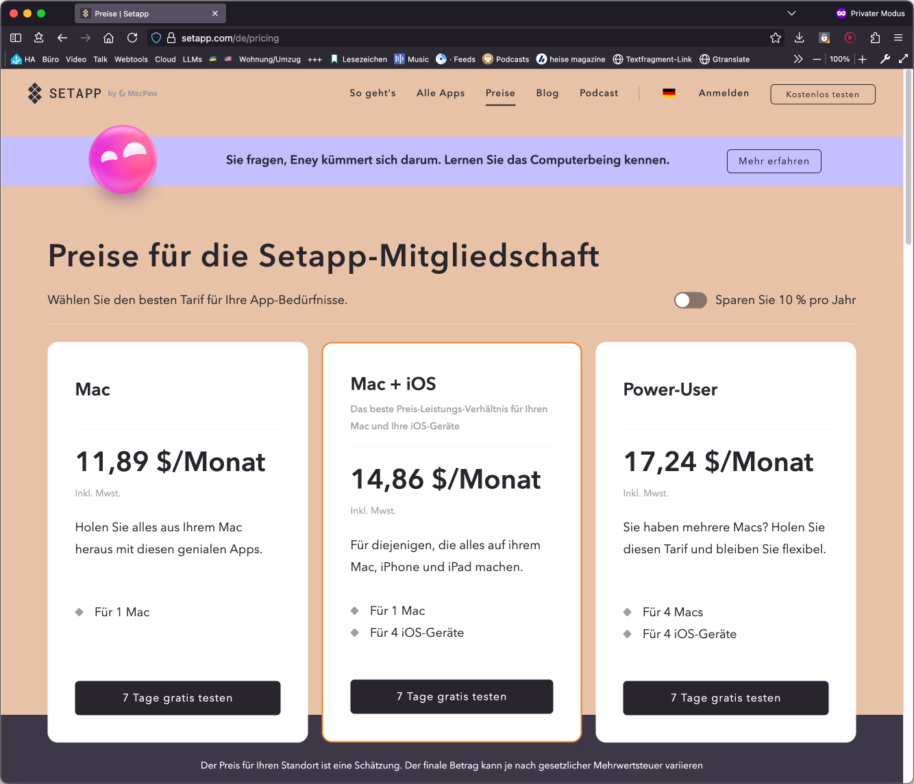 Preise für Setapp im privaten Fenster in Firefox