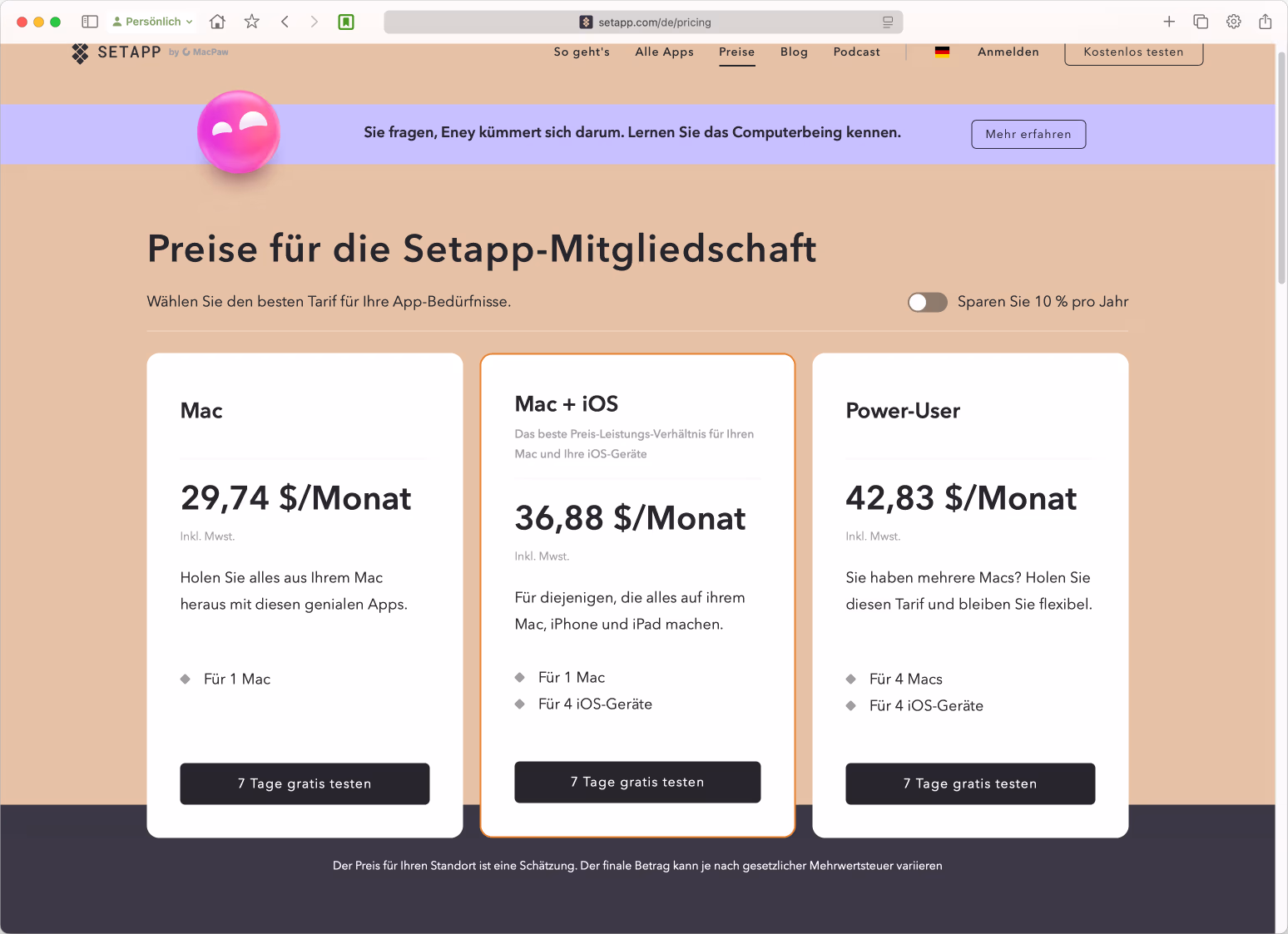 Preise für Setapp in Safari