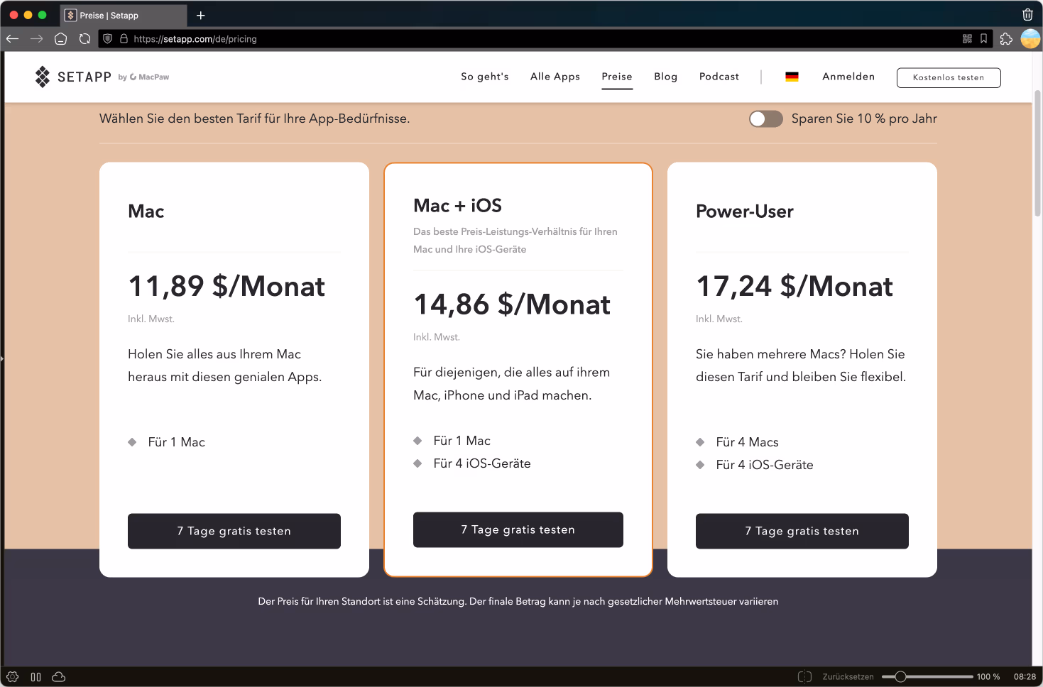 Preise für Setapp in Vivaldi