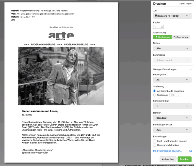 Druckdialog des Thunderbirds